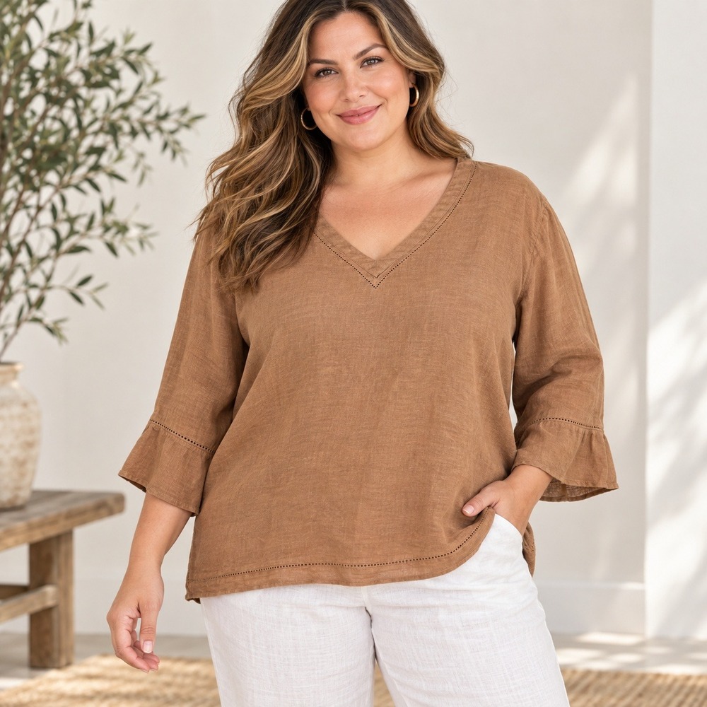 J. Jill Womens Linen V Neck Bell Sleeve Blouse Brown XXL